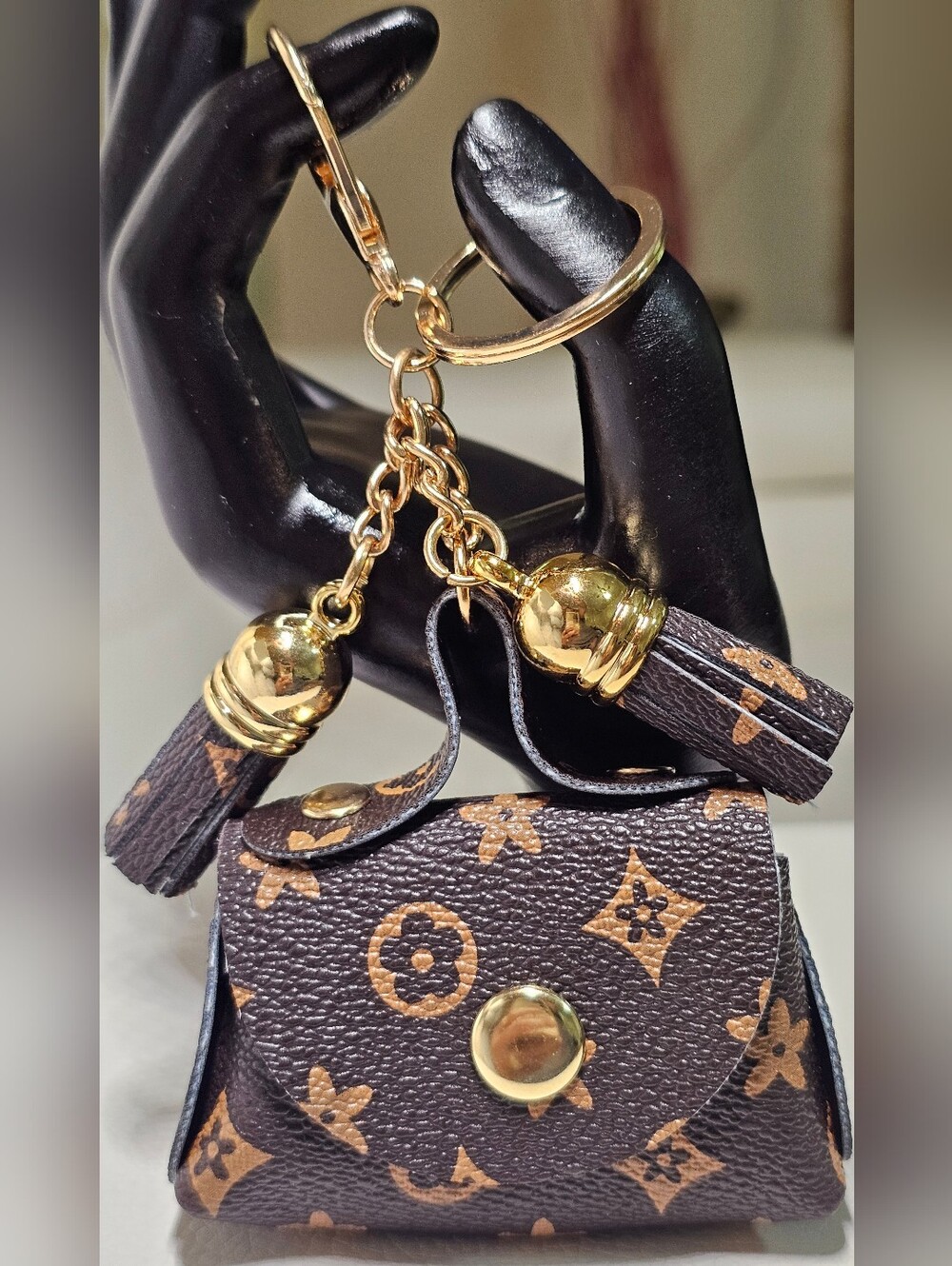 Designer- Inspired Monogram Mini Purse Keychain/Charm in Brown and Gold